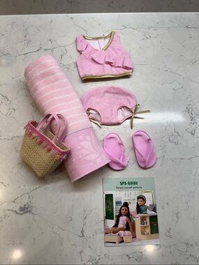 Never Used American Girl Pink Spa Set with Straw Tote and Flip-Flops